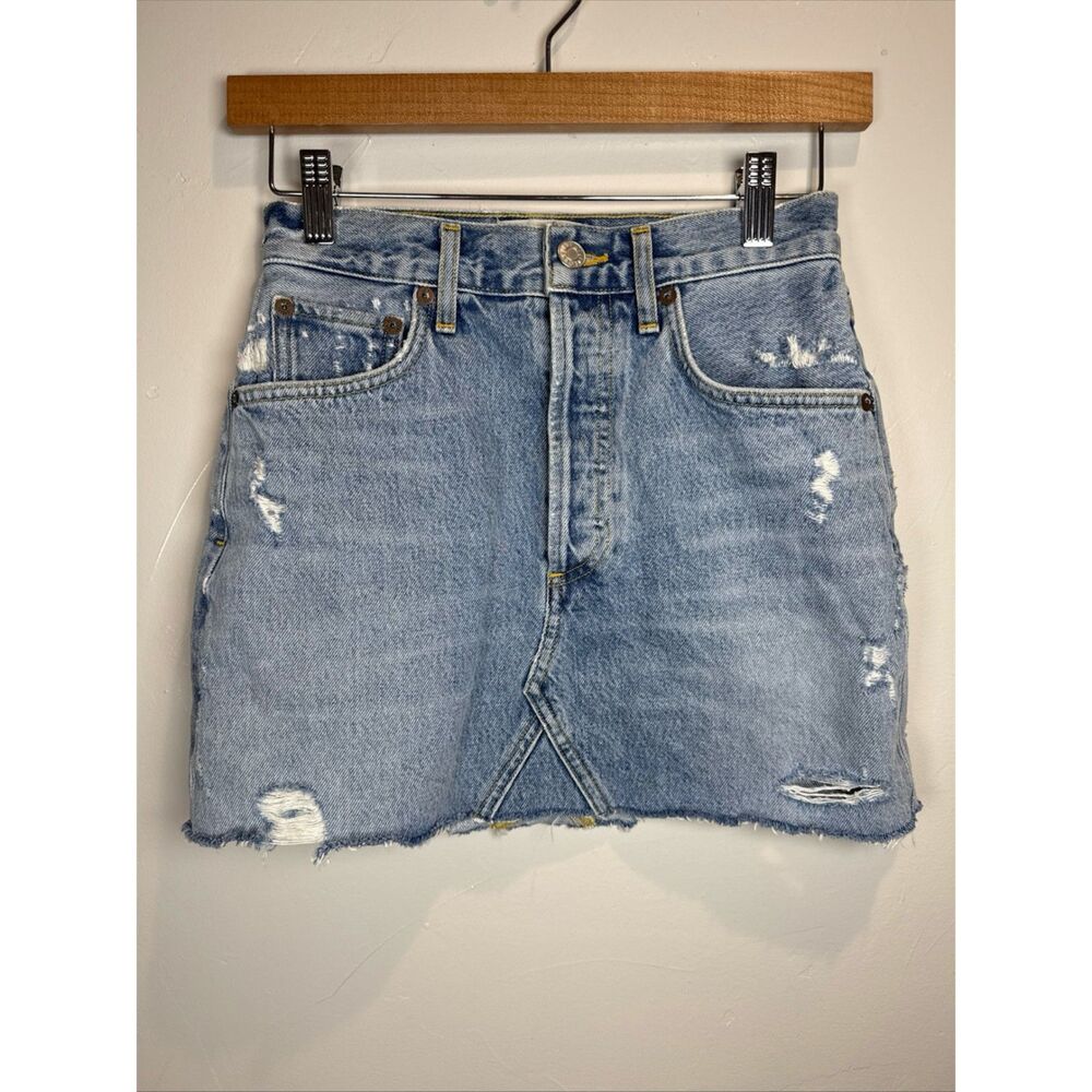 Agolde Quinn High Rise Mini Skirt Distressed Size 24 Waist  XS Buttonfly